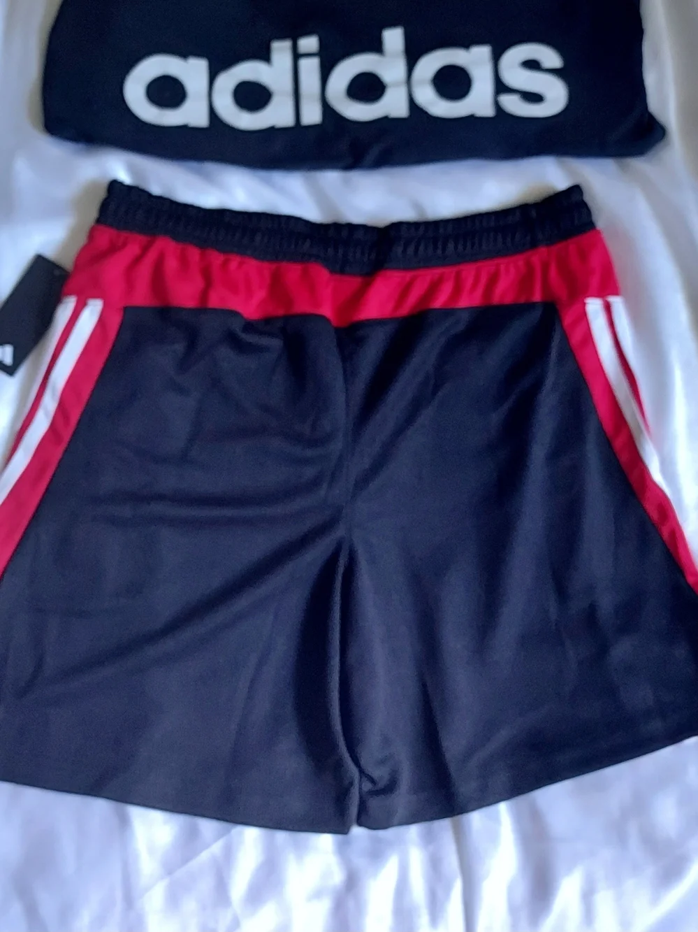 adidas Men's Black Shorts with Red Side Panels and White Stripes